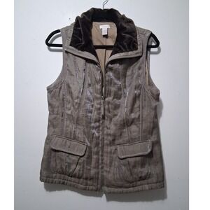 Chicos Vest Metallic Taupe Faux Fur Collar Zipper Pockets Women's Size 1
